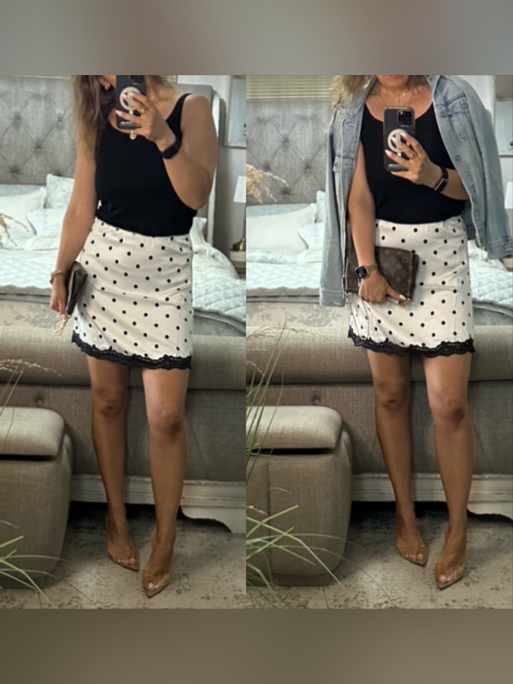 New🩷 Black & White Polka Dot Lace Trim Mini Skirt
